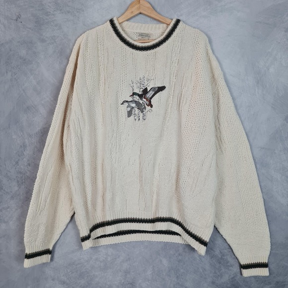 St. John's Bay Other - Vintage St Johns Bay Sweater Mens 2XL Cream Mallard Duck Embroidered Knit 90s